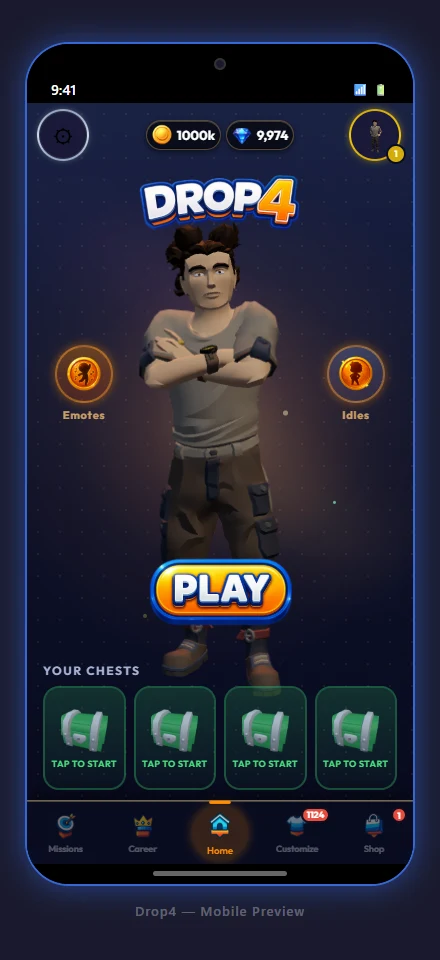 Drop4 home screen with 3D character and cosmetic chests